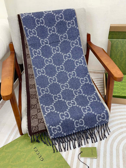 GUCCI JACQUARD WOOL SCARF DENIM BLUE MIX COFFEE BROWN 398286