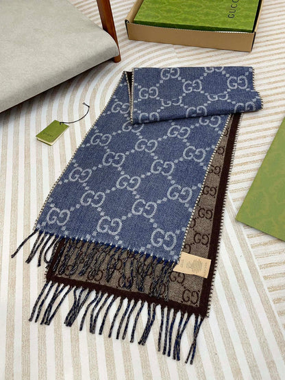 GUCCI JACQUARD WOOL SCARF DENIM BLUE MIX COFFEE BROWN 398286