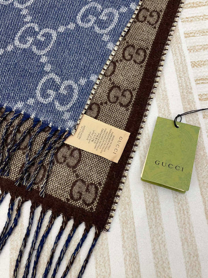 GUCCI JACQUARD WOOL SCARF DENIM BLUE MIX COFFEE BROWN 398286