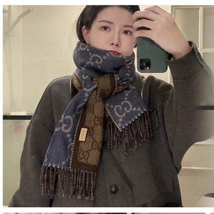 GUCCI JACQUARD WOOL SCARF DENIM BLUE MIX COFFEE BROWN 398286