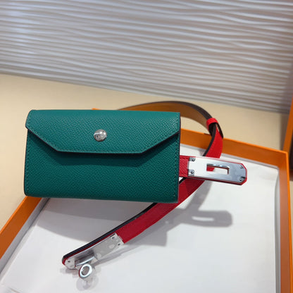 HERMES KELLY TEAL GREEN POCKET 18MM BELT CHERRY RED LEATHER SILVER HARDWARE