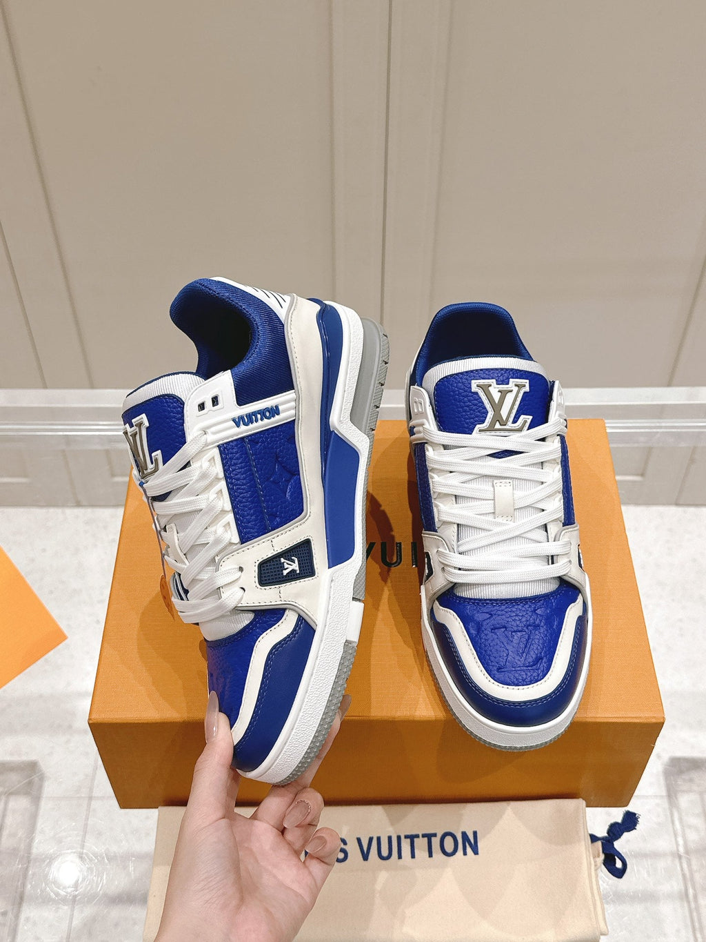 LOUIS VUITTON LV TRAINER SNEAKER IN GASTON BLUE GRAINED CALFSKIN