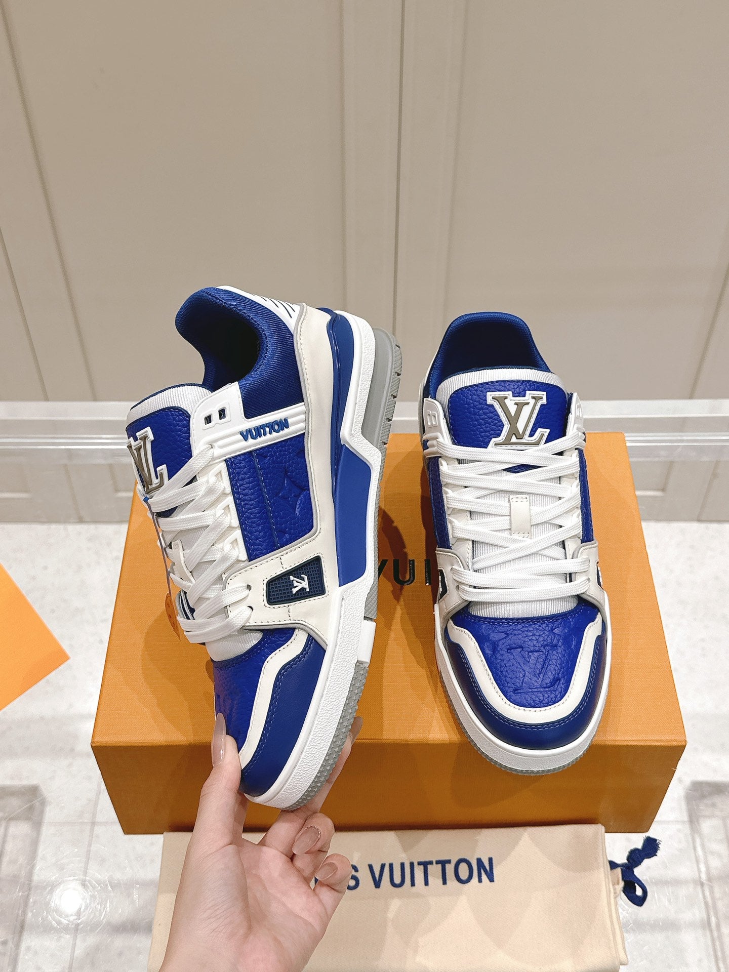 LOUIS VUITTON LV TRAINER SNEAKER IN GASTON BLUE GRAINED CALFSKIN