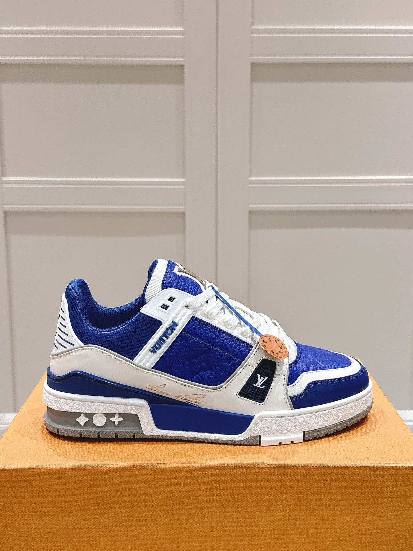 LOUIS VUITTON LV TRAINER SNEAKER IN GASTON BLUE GRAINED CALFSKIN