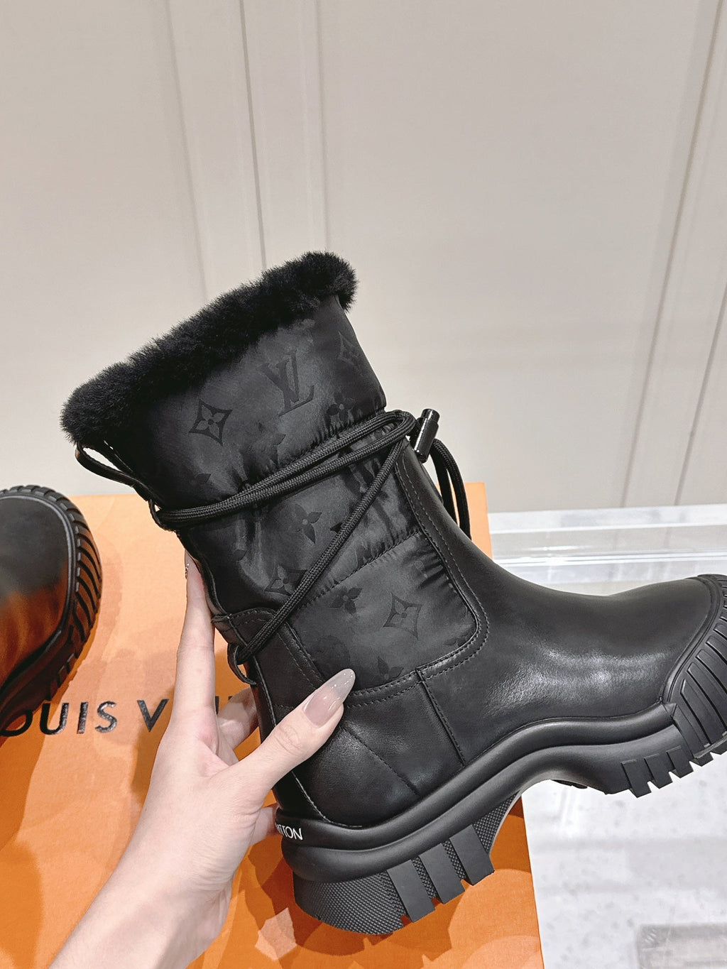 LOUIS VUITTON RUBY FLAT ANKLE BOOT IN BLACK CALFSKIN AND MONOGRAM NYLON