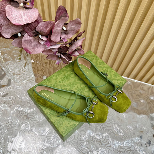GUCCI BALLET FLAT IN OLIVE GREEN SUEDE WITH SILVER HARDWARE