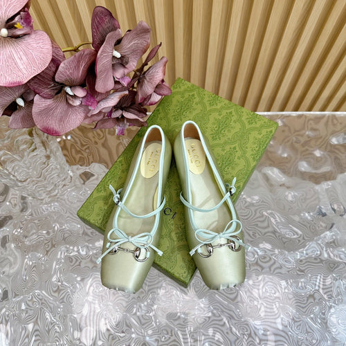 GUCCI BALLET FLAT IN JADE GREEN SILK WITH SILVER HARDWARE