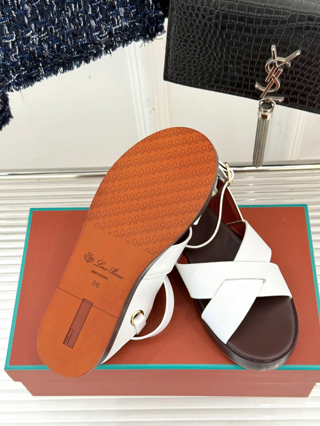 SANDALS THICK SOLE CROSS STRAP IN WHITE AND BROWN CALFSKIN