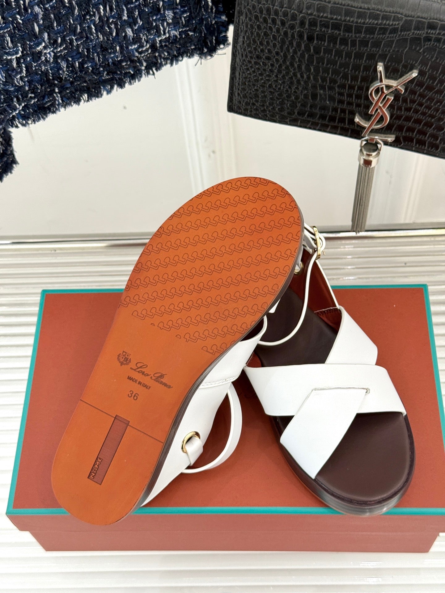 SANDALS THICK SOLE CROSS STRAP IN WHITE AND BROWN CALFSKIN