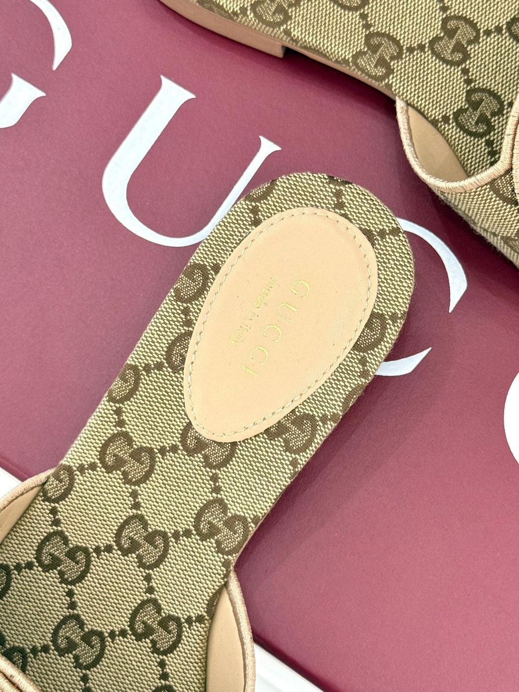 GUCCI SLIDE SANDALS IN DARK BEIGE FABRIC EMBOSSED LOGO STYLE 3