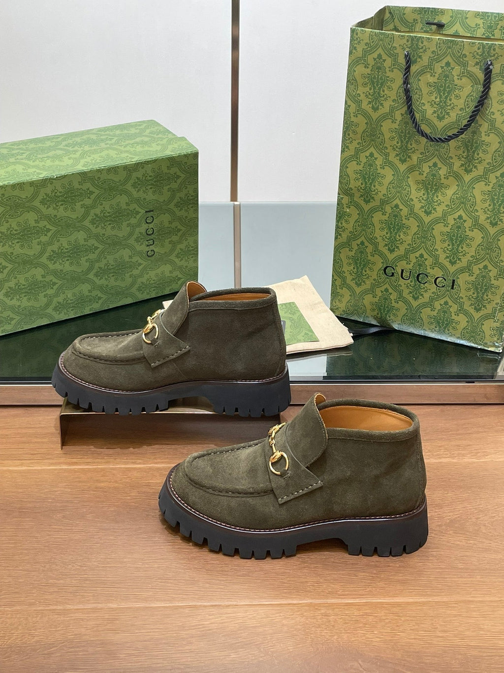 GUCCI WOMEN'S HORSEBIT ANKLE BOOTS 4.5CM IN KHAKI GREEN SUEDE