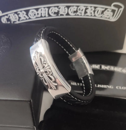 Chrome Hearts Inspired Premium Leather & Sterling Silver Bracelet