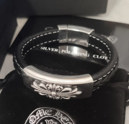 Chrome Hearts Inspired Premium Leather & Sterling Silver Bracelet - Hình 9