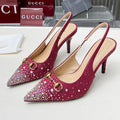 GUCCI HORSEBIT SLINGBACKS IN CHERRY RED MONOGRAM FABRIC WITH CRYSTALS
