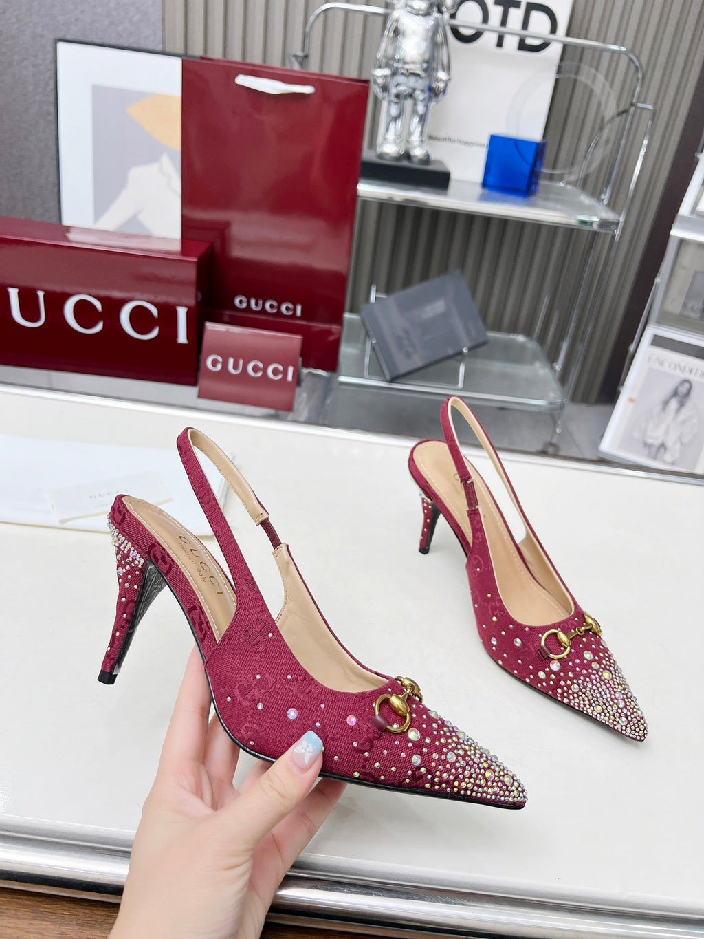 GUCCI HORSEBIT SLINGBACKS IN CHERRY RED MONOGRAM FABRIC WITH CRYSTALS