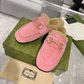 GUCCI HORSEBIT MULE IN SALMON PINK SUEDE AND FLEECE LINING