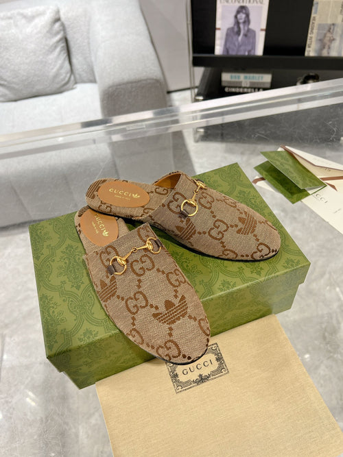 GUCCI & ADIDAS MULE HORSEBIT BUCKLE LIGHT BROWN CANVAS