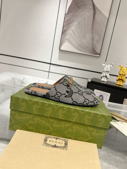 GUCCI & ADIDAS MULE HORSEBIT BUCKLE LIGHT GRAY CANVAS
