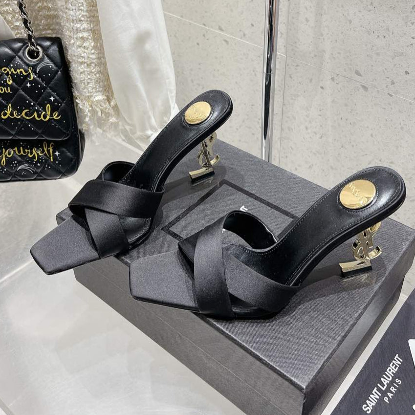 LOUIS VUITTON OPYUM HIGH MULES 85 MM IN BLACK SATIN CREPE