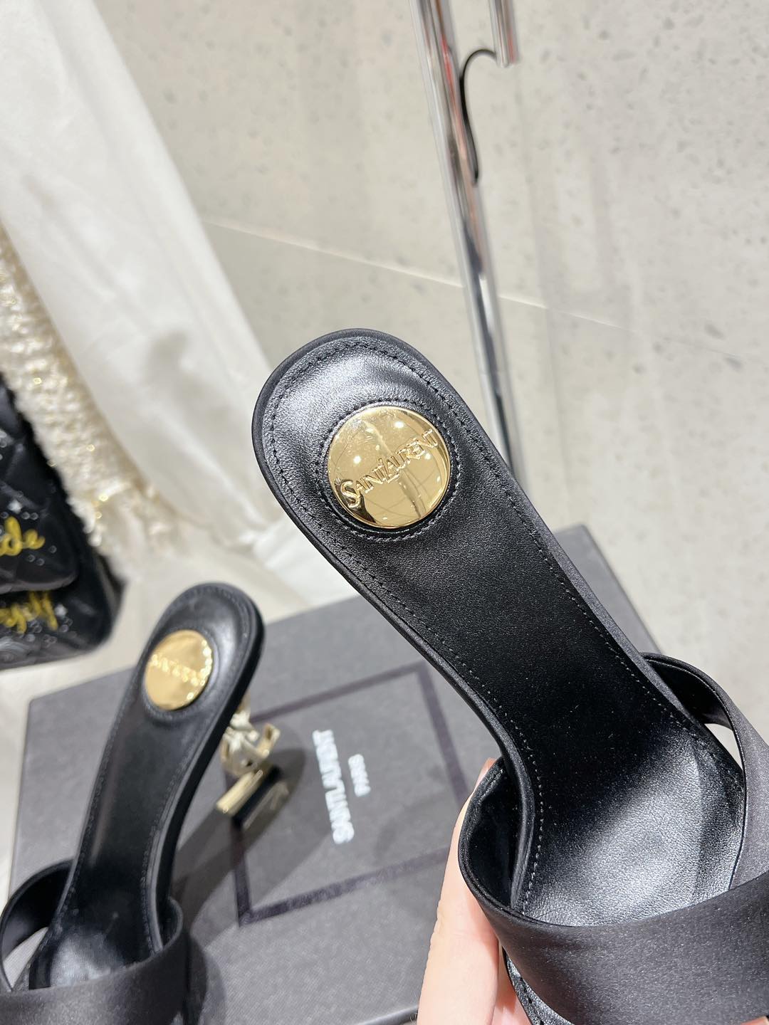 LOUIS VUITTON OPYUM HIGH MULES 85 MM IN BLACK SATIN CREPE
