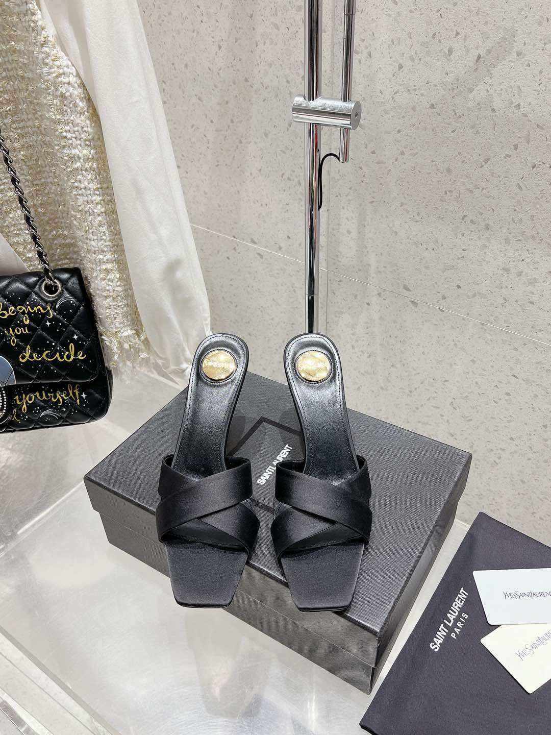 LOUIS VUITTON OPYUM HIGH MULES 85 MM IN BLACK SATIN CREPE