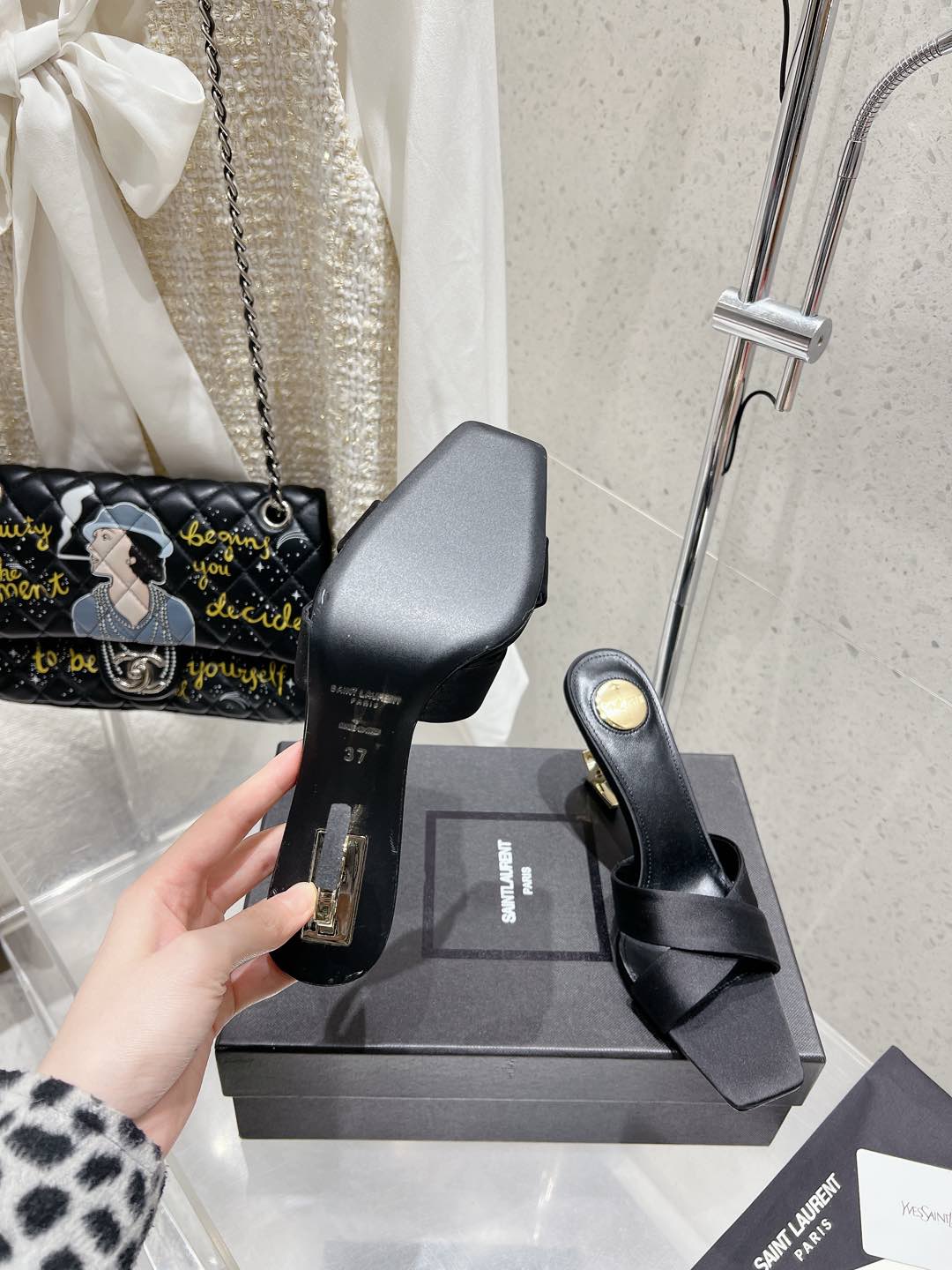 LOUIS VUITTON OPYUM HIGH MULES 85 MM IN BLACK SATIN CREPE