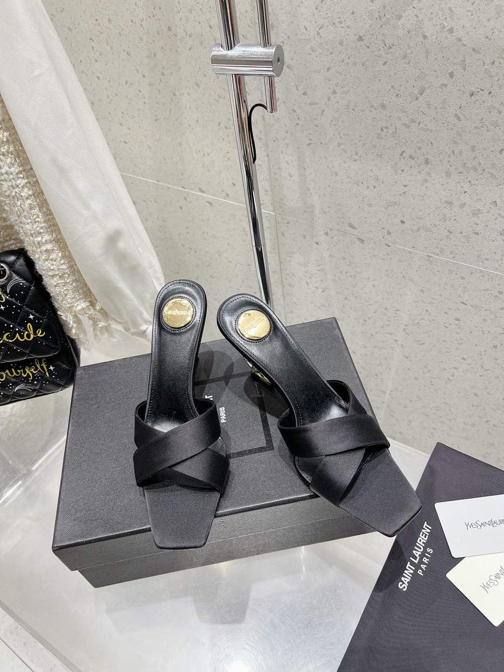 LOUIS VUITTON OPYUM HIGH MULES 85 MM IN BLACK SATIN CREPE