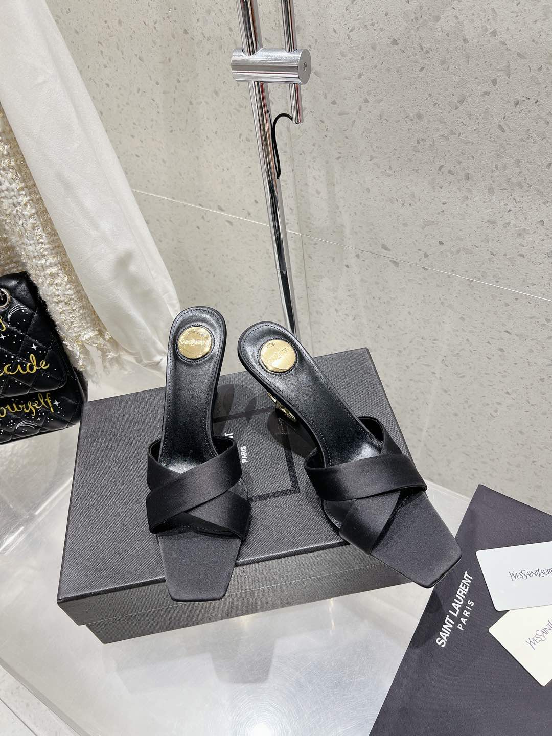 LOUIS VUITTON OPYUM HIGH MULES 85 MM IN BLACK SATIN CREPE