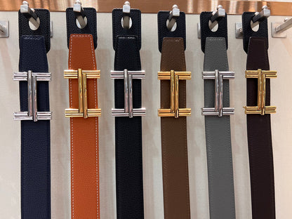 HERMES TRAVERSE BELT BUCKLE & REVERSIBLE NAVY BLUE LEATHER STRAP 38 MM SILVER HARDWARE