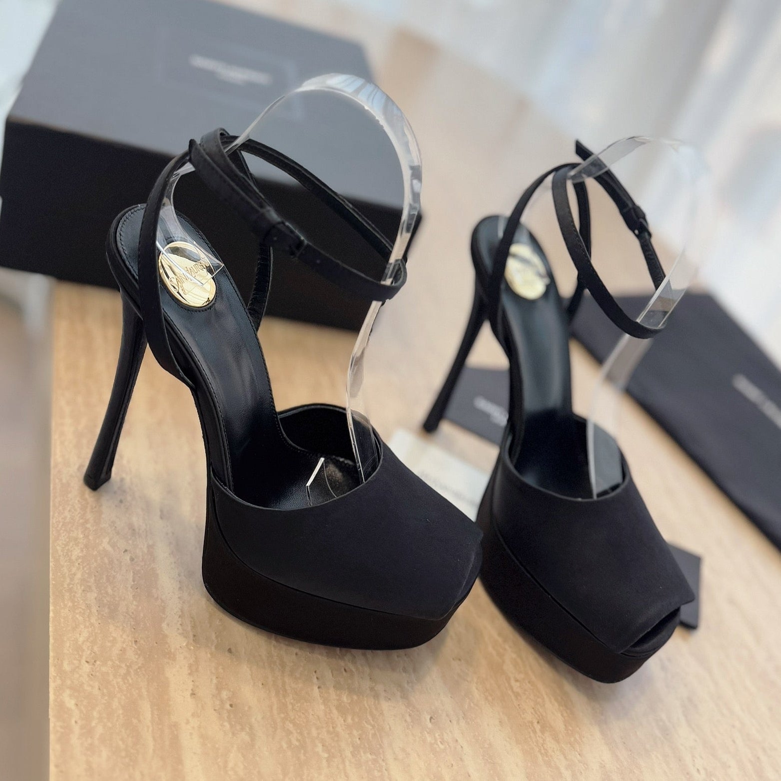 LOUIS VUITTON LA SCANDALE HIGH 14 CM PLATFORM SANDALS IN BLACK SATIN CREPE