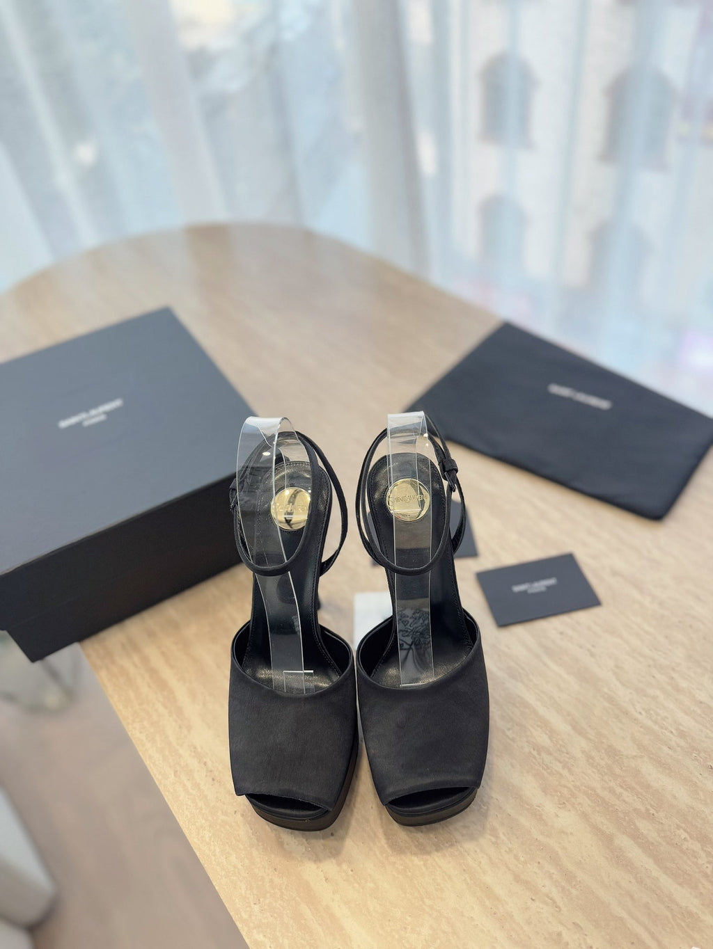 LOUIS VUITTON LA SCANDALE HIGH 14 CM PLATFORM SANDALS IN BLACK SATIN CREPE
