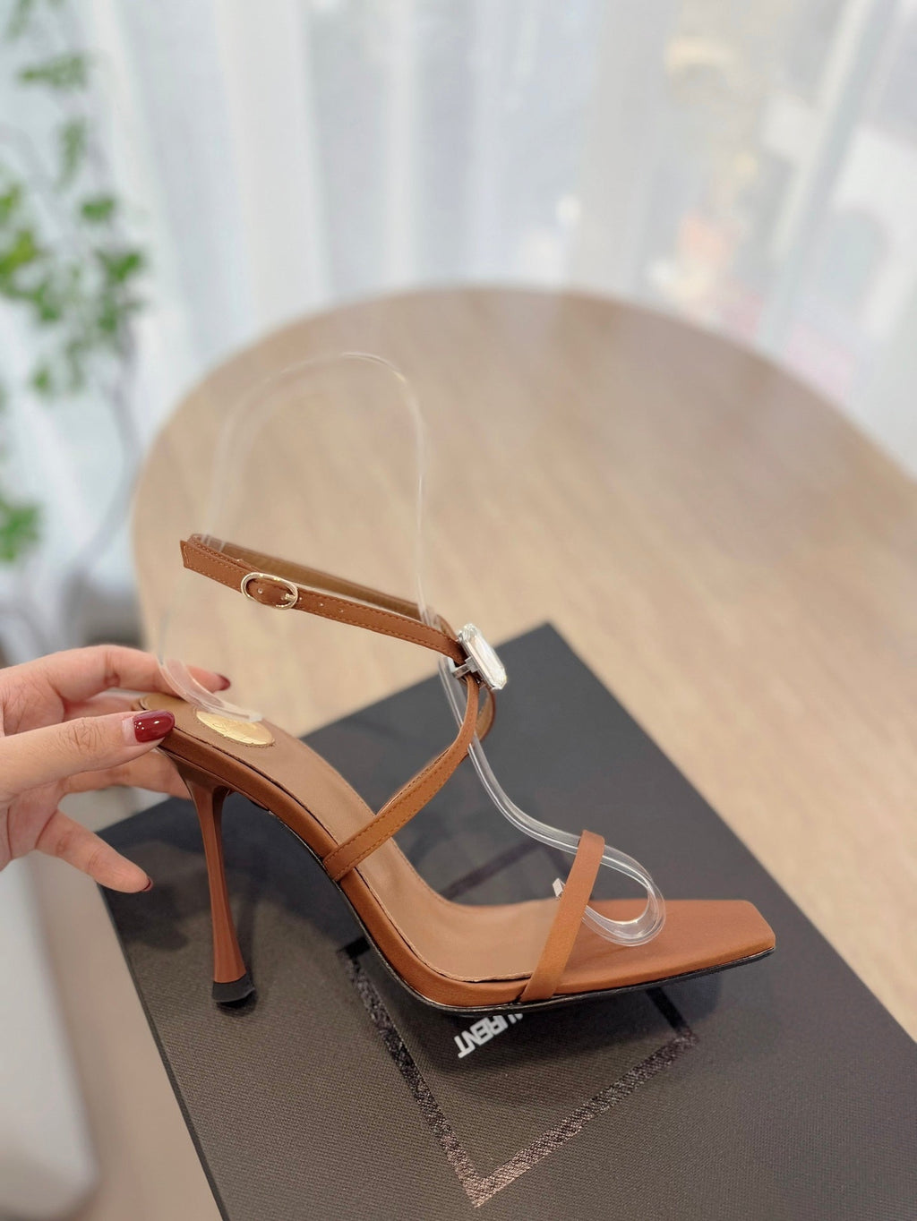 LOUIS VUITTON HIGH HEEL SANDAL 10 CM IN BRONZE BROWN SATIN CREPE AND CRYSTAL