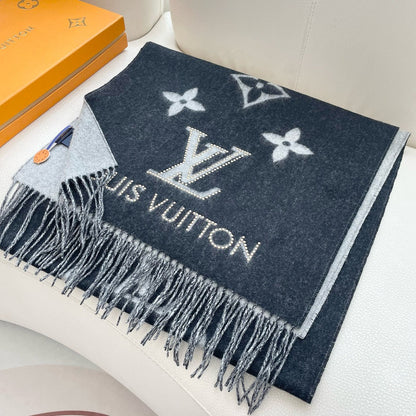 LOUIS VUITTON MONOGRAM FLOWERS SCARF 170 CM IN BLACK CASHMERE 390975