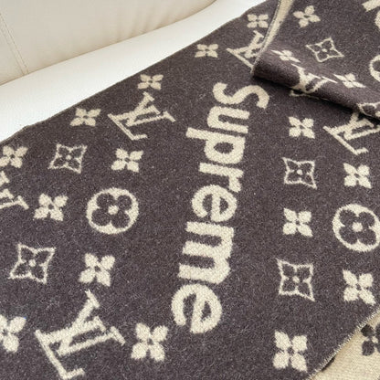 LOUIS VUITTON SUPREME X MONOGRAM 180 CM SCARF IN UMBER BROWN WOOL AND CASHMERE 392941