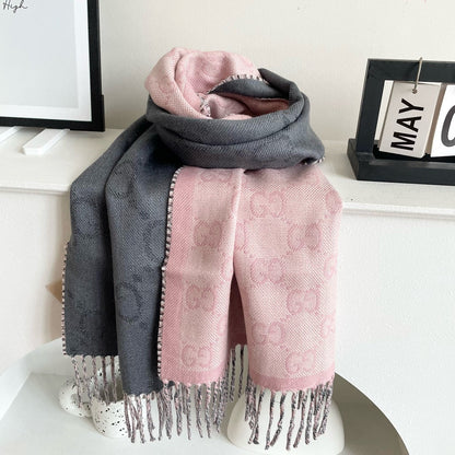 GUCCI SCARF 195 CM IN SHARK GRAY AND LIGHT PINK CASHMERE 401404
