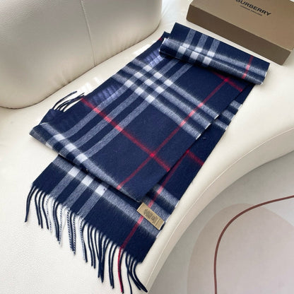 BURBERRY CHECK SCARF 180 CM IN INDIGO BLUE MIX WHITE CASHMERE 405480