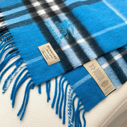 BURBERRY CHECK SCARF 180 CM IN AZURE BLUE MIX BLACK CASHMERE 405481