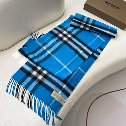 BURBERRY CHECK SCARF 180 CM IN AZURE BLUE MIX BLACK CASHMERE 405481