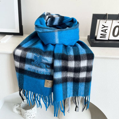 BURBERRY CHECK SCARF 180 CM IN AZURE BLUE MIX BLACK CASHMERE 405481