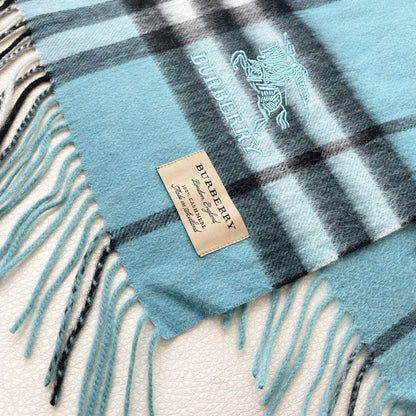 BURBERRY CHECK SCARF 180 CM IN SKY BLUE MIX BLACK CASHMERE 405484