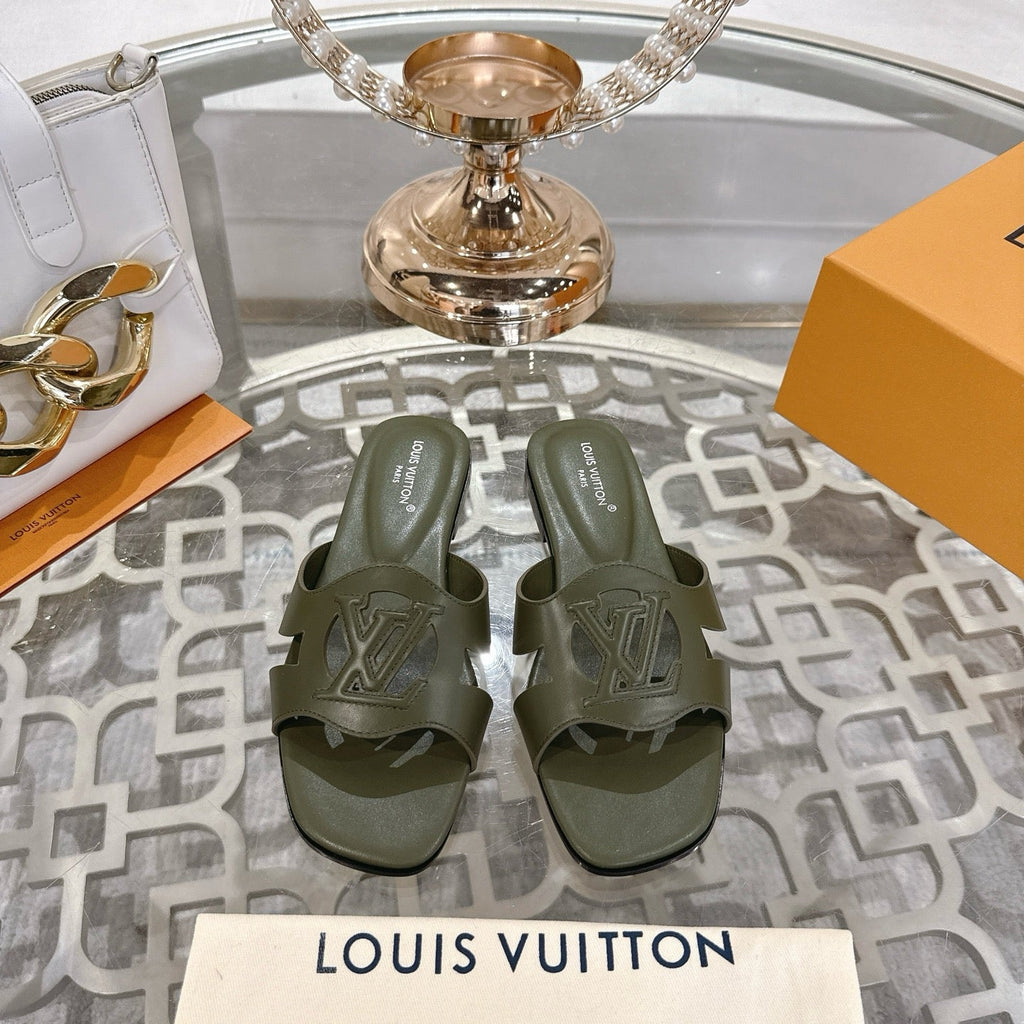LOUIS VUITTON ISOLA FLAT SLIDE IN ARMY GREEN CALFSKIN