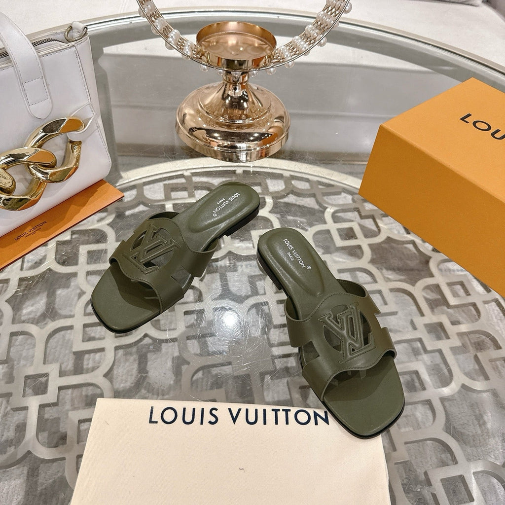 LOUIS VUITTON ISOLA FLAT SLIDE IN ARMY GREEN CALFSKIN