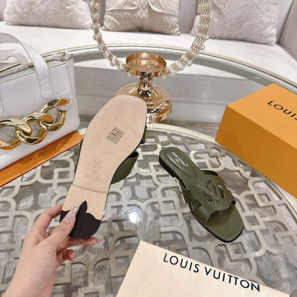 LOUIS VUITTON ISOLA FLAT SLIDE IN ARMY GREEN CALFSKIN