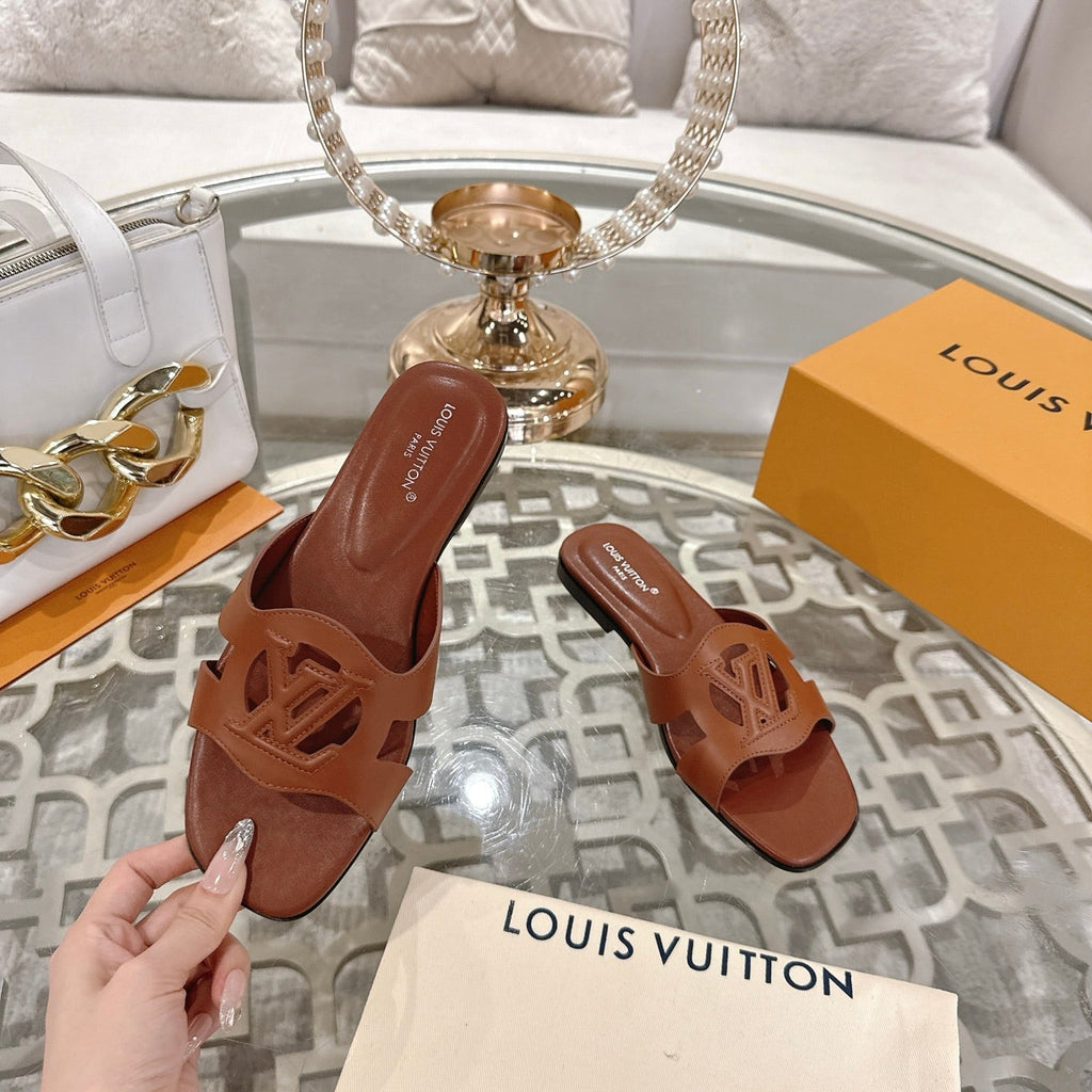 LOUIS VUITTON ISOLA FLAT SLIDE IN PENNY BROWN CALFSKIN