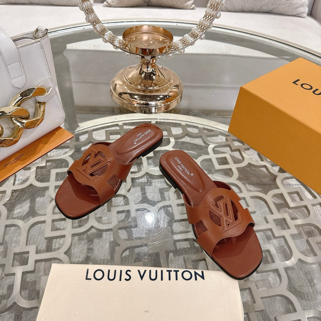 LOUIS VUITTON ISOLA FLAT SLIDE IN PENNY BROWN CALFSKIN