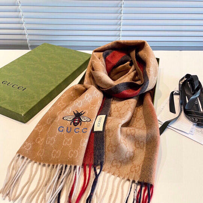 GUCCI STRIPED SCARF 200 CM IN TAWNY BROWN CASHMERE WITH EMBROIDERED BEE 398532