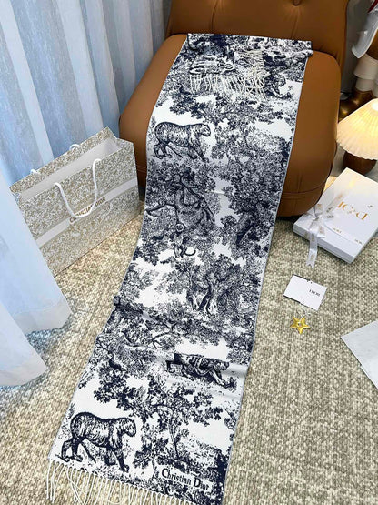 DIOR SCARF 220 CM IN NAVY BLUE MIX WHITE MONOGRAM CASHMERE AND WOOL 413656