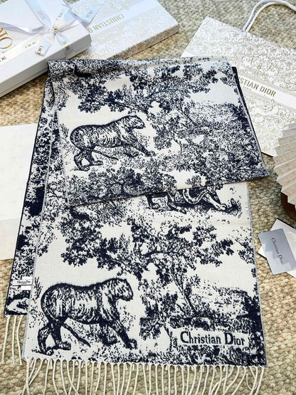 DIOR SCARF 220 CM IN NAVY BLUE MIX WHITE MONOGRAM CASHMERE AND WOOL 413656