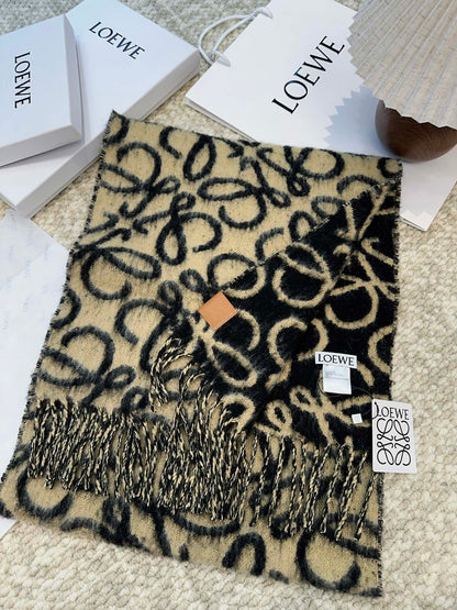 LOEWE SCARF 186 CM IN BLACK MIX CAMEL BEIGE ALPACA AND WOOL 403823