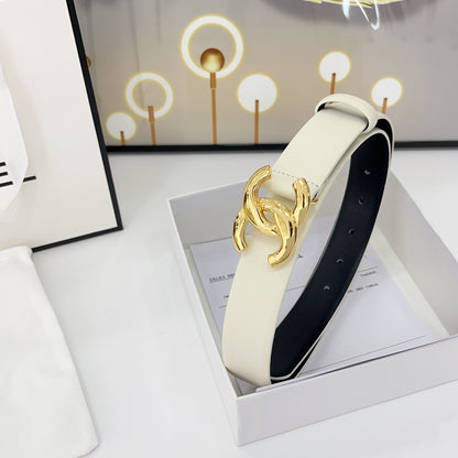 CHANEL DOUBLE C BELT 30MM IN WHITE CALFSKIN WITH SHINY GOLD BUCKLE